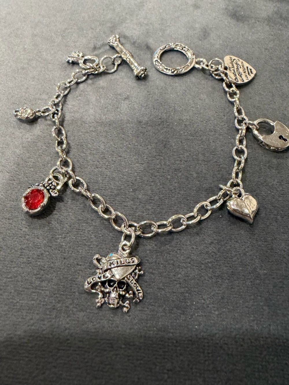 Ed Hardy Silver-Tone Skull & Heart Charm Bracelet with Red Gem